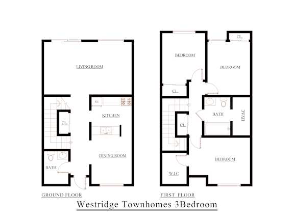 A black and white image of a floor plan for the Westridge Townhomes 3 Bedroom.