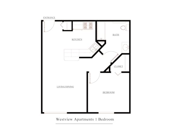 A black and white diagram of a one bedroom apartment.