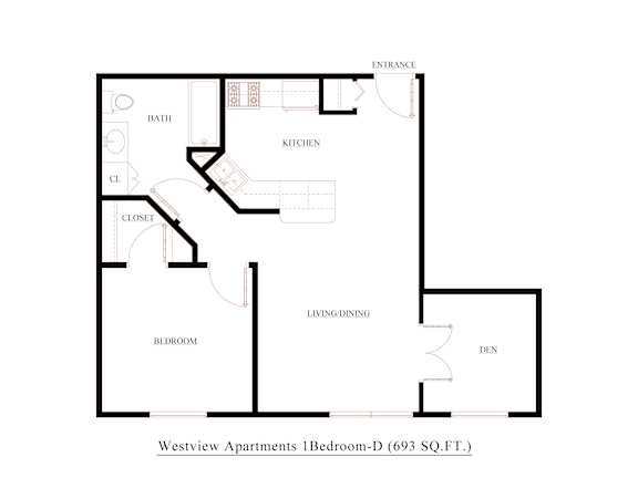 A floor plan of a bedroom in the Westview Apartments.