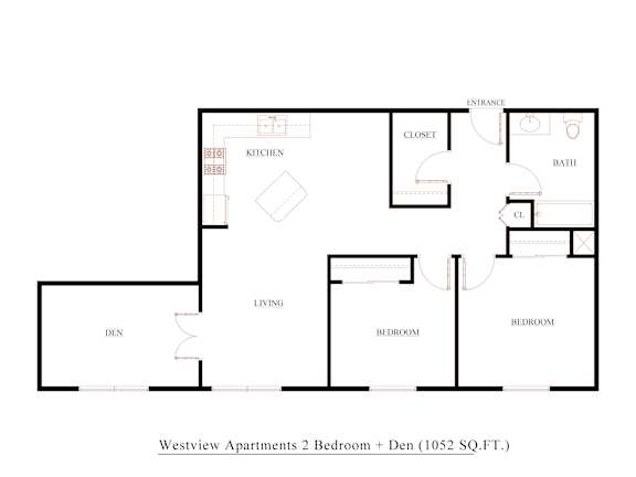A floor plan of a 2 bedroom apartment with den.