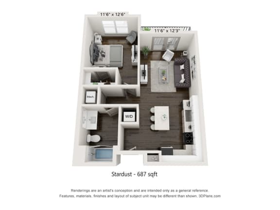 1 bed 1 bath floor plan at Radius at Donelson, Nashville, TN, 37214