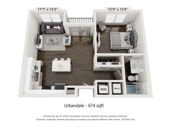 1 bed 1 bath floor plan A at Radius at Donelson, Nashville, TN