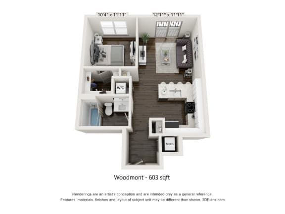 1 bed 1 bath floor plan C at Radius at Donelson, Nashville, Tennessee