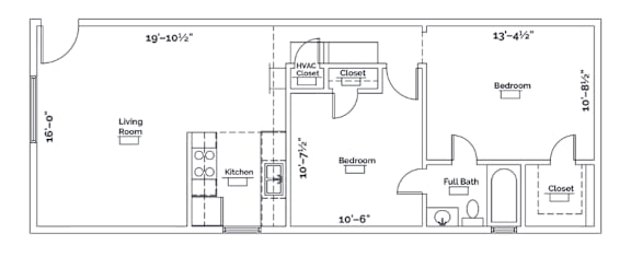 A floor plan of a small apartment with a living room, kitchen, and two bedrooms.
