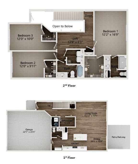 A floor plan of a two-story home with three bedrooms and a garage.