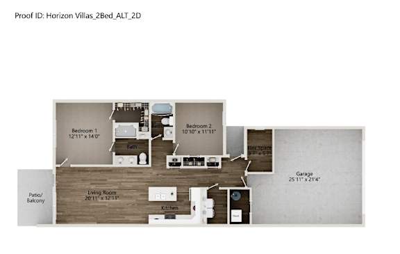 A floor plan of a two-bedroom apartment with a living room, kitchen, and garage.