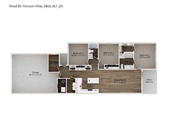 A floor plan of a 3 bedroom apartment with a garage.