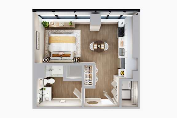 A top-down view of a small apartment with a bed, desk, and kitchenette.