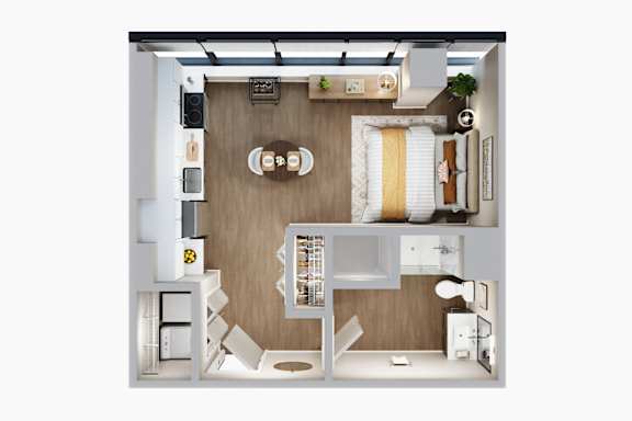 A top-down view of a small apartment with a kitchen, living room, and bathroom.
