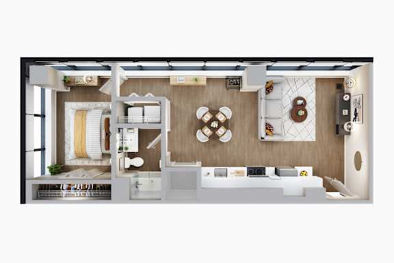 A top-down view of a small apartment with a kitchen, living room, and bedroom.