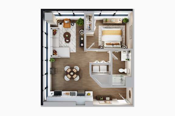A top-down view of a modern apartment layout with a kitchen, living room, and dining area.