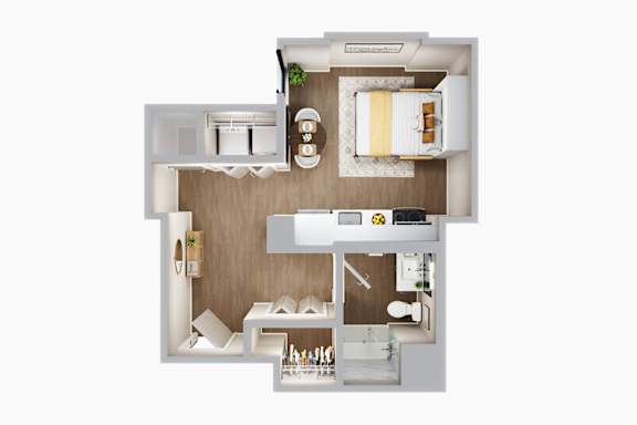 A floor plan of a small apartment with a kitchen, living room, and bedroom.