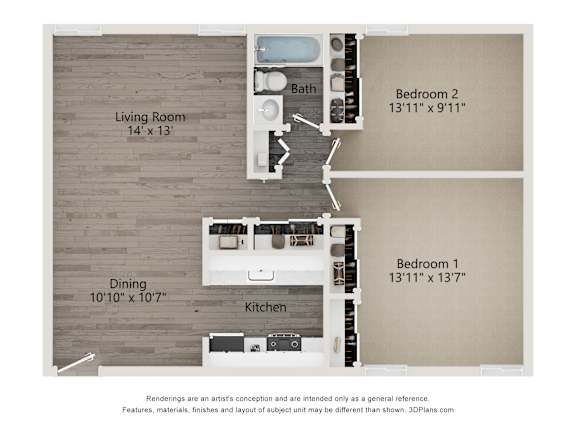 A 3D floor plan of a small apartment with a living room, dining room, kitchen, and two bedrooms.