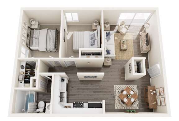 A top-down view of a small apartment with a kitchen, living room, and bathroom.