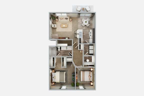 A floor plan of a house with a kitchen, living room, and two bedrooms.