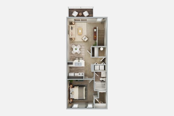 A floor plan of a small apartment with a kitchen, living room, and bathroom.