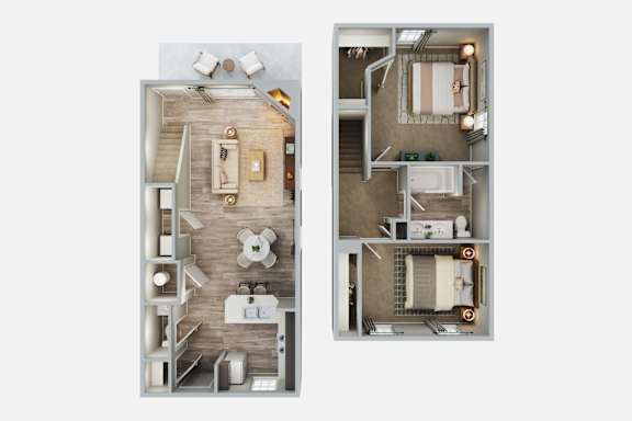 A top-down view of a small apartment with a kitchen, living room, and bathroom.