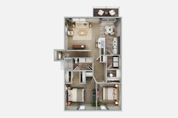 A floor plan of a house with a kitchen, living room, and two bedrooms.