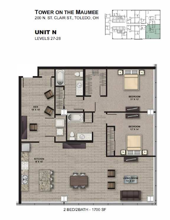 A floor plan of a 2 bedroom, 2 bathroom apartment at the Tower on the Maumee.