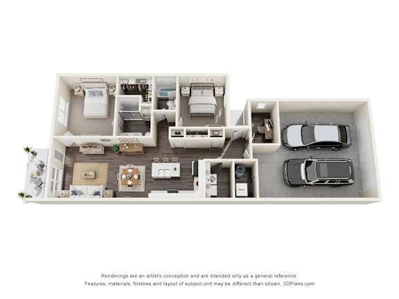 A 3D floor plan of a house with a kitchen, living room, and two bedrooms.