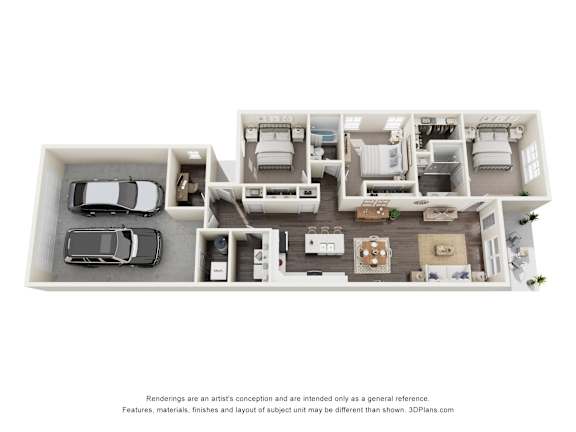 A 3D floor plan of a house with a kitchen, living room, and two bedrooms.
