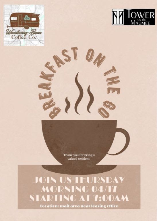 A poster advertises a breakfast event on the 8th at 7:00 AM.