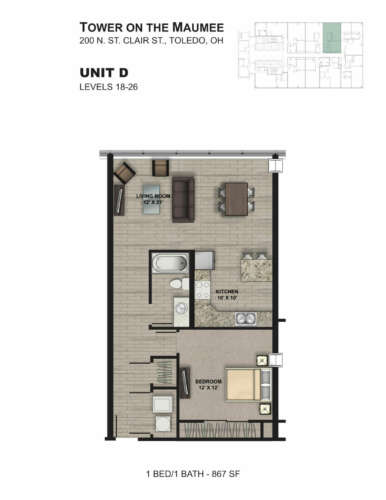 A floor plan for a 1 bedroom apartment at the Tower on the Maumee.