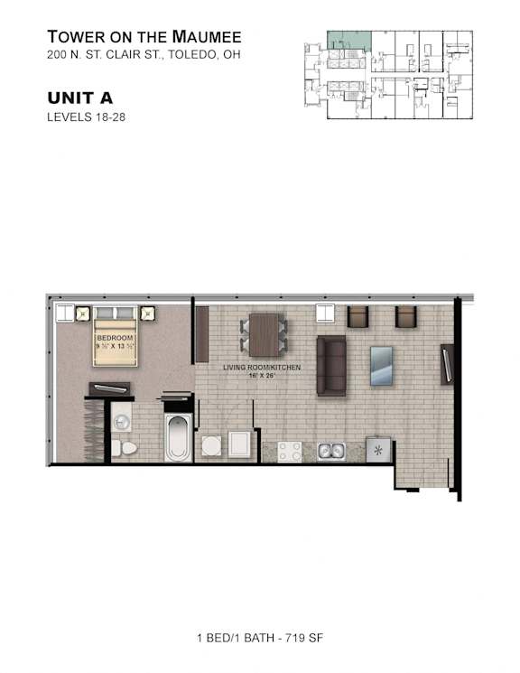 A drawing of a one bedroom apartment on the 2nd floor of a building.