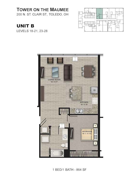 A floor plan for a 1 bedroom/1 bath apartment at the Tower on the Maumee.