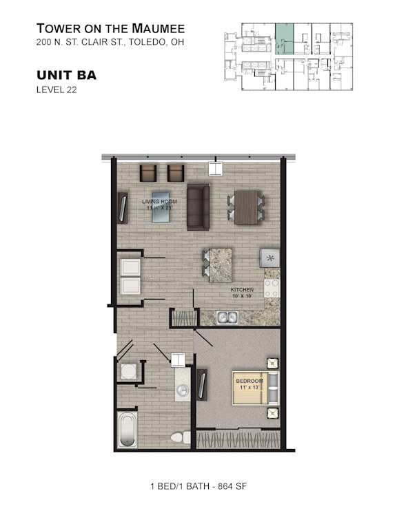 A floor plan of a 1 bedroom apartment in a building called Tower on the Maumee.