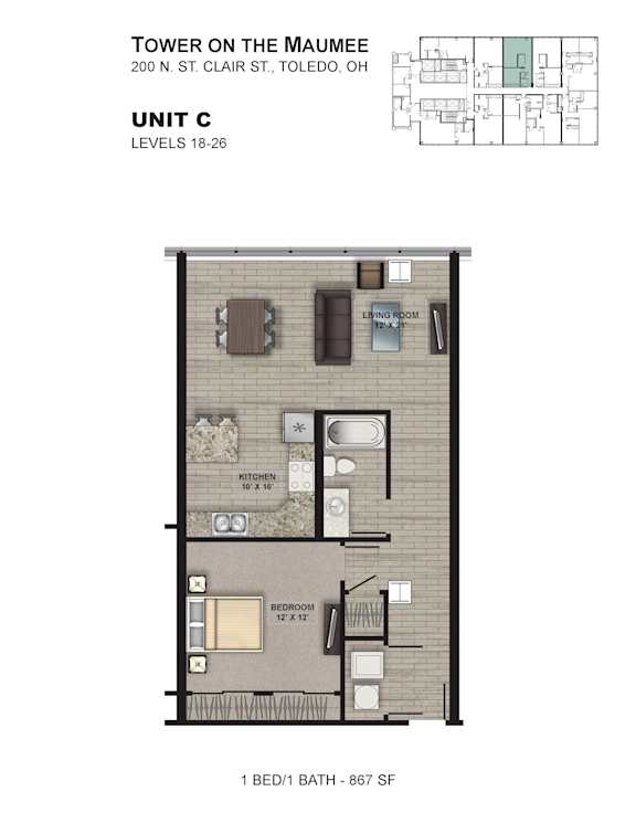 A floor plan for a 1 bedroom 1 bath apartment at the Tower on the Maumee.