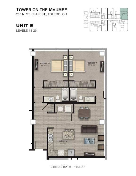 A diagram of a 2 bedroom apartment on the 2nd floor of a building.