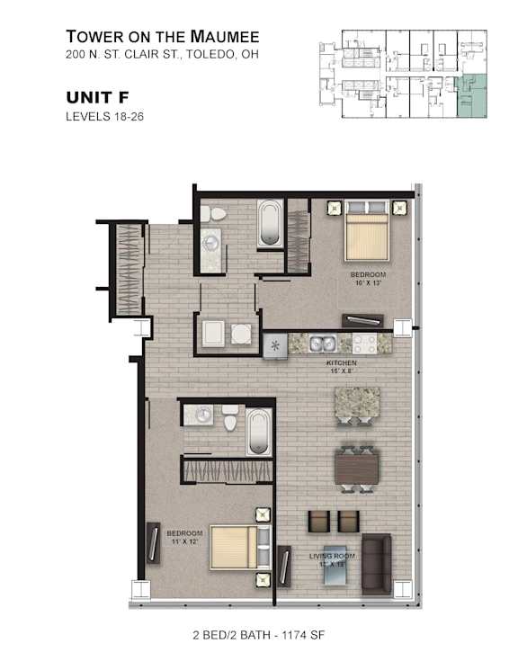 A floor plan for a 2 bedroom, 2 bathroom apartment at the Tower on the Maumee.