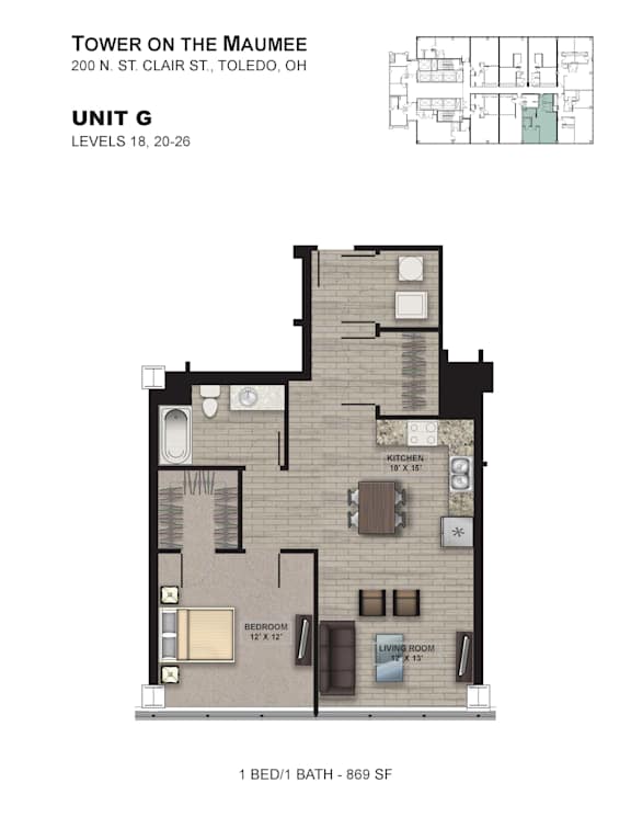 A floor plan for a 1 bedroom/1 bath apartment at the Tower on the Maumee.