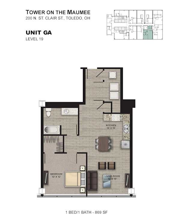 A diagram of an apartment layout for Unit GA on the 19th floor of the Tower on the Maumee in Toledo, OH.