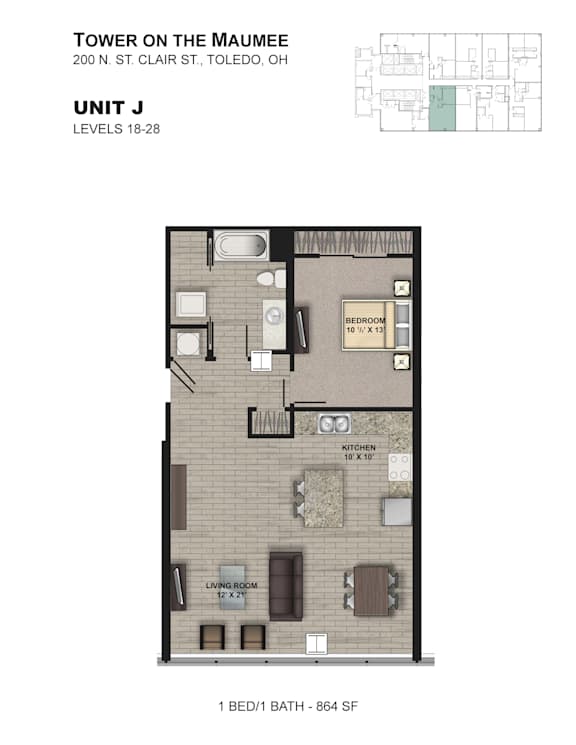 A diagram of a floor plan for a unit in a building called Tower on the Maumee.