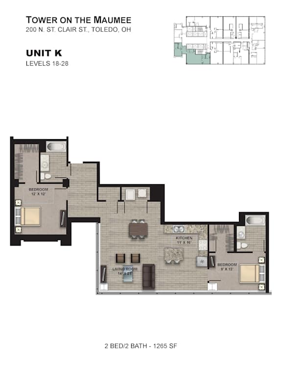 A floor plan for a 2 bedroom, 2 bathroom apartment at the Tower on the Maumee.