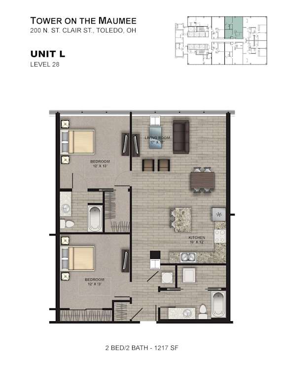 A floor plan for a 2 bedroom, 2 bathroom apartment at the Tower on the Maumee.