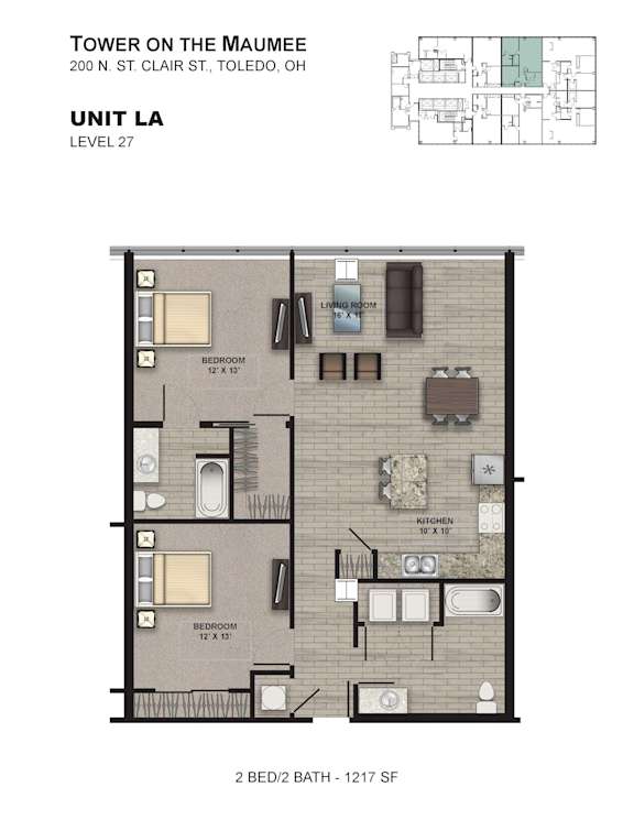 A floor plan for a 2 bedroom, 2 bathroom apartment at the Tower on the Maumee.