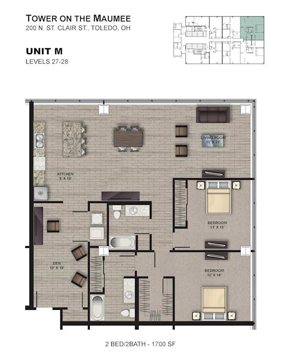 A floor plan for a 2 bedroom/2 bathroom apartment at the Tower on the Maumee.