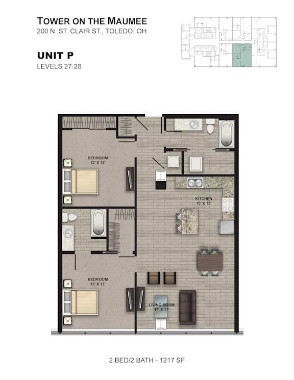 A diagram of a 2 bedroom/2 bath apartment with a living room and a kitchen.