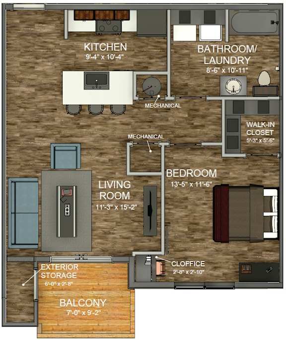 A floor plan of a small apartment with a living room, kitchen, bathroom, and balcony.