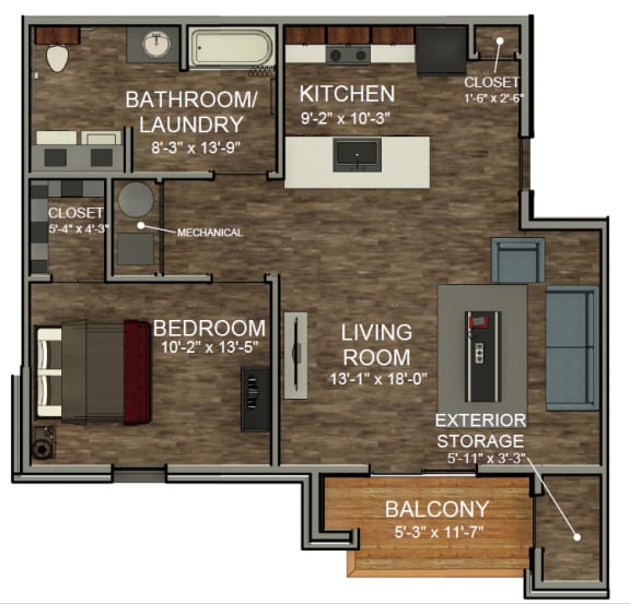 1 Bedroom Floor Plan 1 Bedroom Floor Plan at The 2525, Indiana
