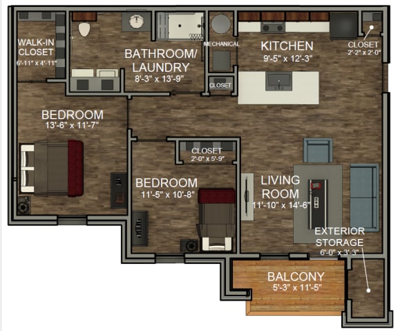 2 Bedroom Floor Plan  at The 2525, Warsaw