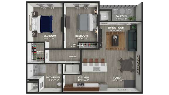 2B Floor Plan at 515 East (Elkhart) Apartments, Indiana, 46516