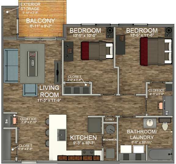 A floor plan of a house with two bedrooms, a living room, a kitchen, a bathroom, a laundry room, a cloakroom, a cloffice, and a balcony.