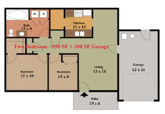 Floor Plan  A floor plan of a house with two bedrooms, a living room, a kitchen, a bathroom, and a garage.