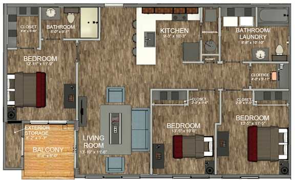 A floor plan of an apartment with a living room, kitchen, and two bedrooms.
