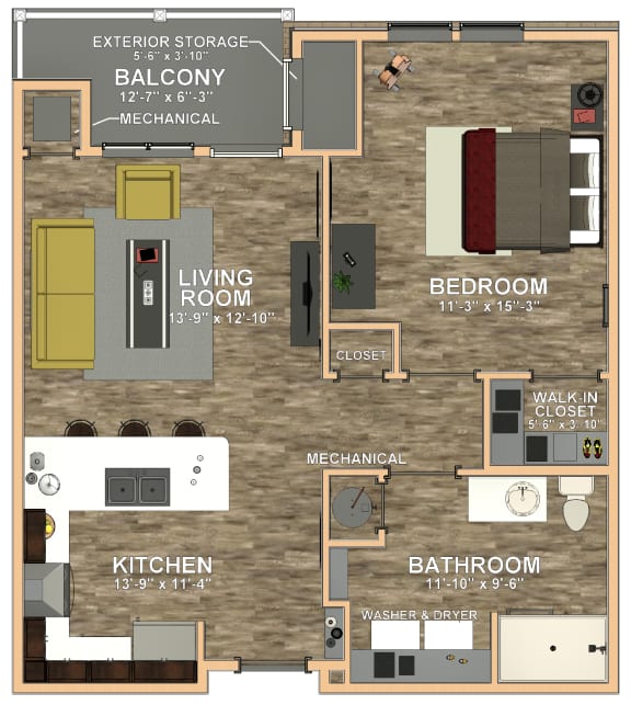 1bedroom 1bath Floor Plan at 41 North Apartments, Fort Wayne, IN, 46835