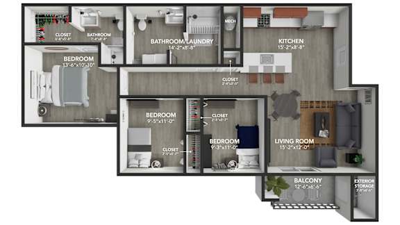 the 1122 floor plan  studio with 2 baths
